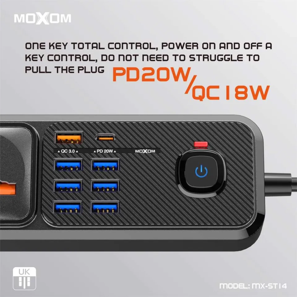 Original MOXOM MX-ST14 12 IN 1 UK Power Strip 12in1-- 4 AC Plug + USB x6 + QC3 0 x1 + PD30W USB-C x1 | Lazada
