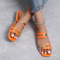 Hot sell 2023 Womens Slippers New Summer Fashion Flat Sandals European Plus Size Womens Metal Chain Beach Flip Flops plus size 43