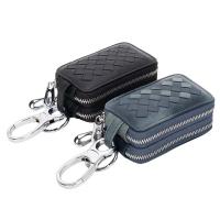 ☼✶﹍ New Man Knitting Genuine Leather Sheepskin Car Key Wallets Cover Double Zipper Key Holder Housekeeper Keys Organizer Case Bag