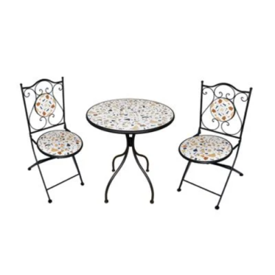 Outdoor / indoor furniture set: 1 round table, 2 chairs. Handmade - Steel, ceramic