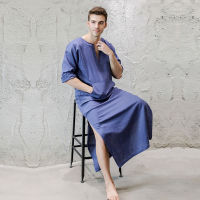 Mens Natural Linen Cotton Ultra Long Floor Length Robes Bathrobes Lounge Wear Casual Kaftan Thobe V Neck Long Gown Caftan Tunic