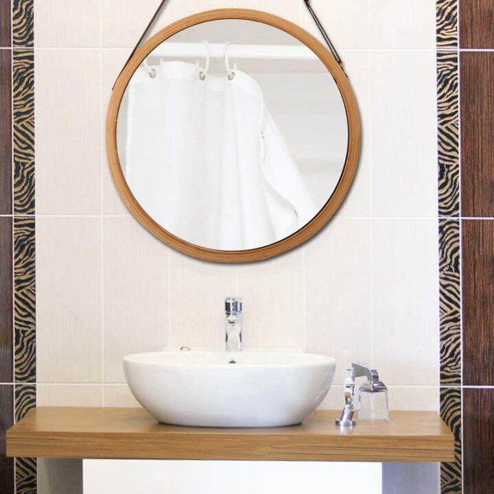 hanging-round-wall-mirror-in-bathroom-amp-bedroom-solid-bamboo-frame-amp-adjustable-leather-strap