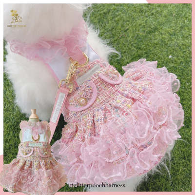 Glitter Pooch Harness ชุดรัดอก สายจูง เสื้อผ้า สุนัข, หมา, แมว, สัตว์เลี้ยง พร้อม สายจูง รุ่น Sassy Emily Pink