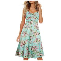 Printed Straight Midi Dress Fashion Womens Casual V-Neck Summer Beach Dresses Halter Button Knee Length Dress vestidos платье