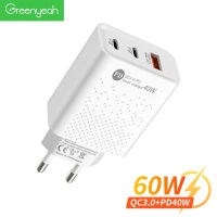 Greenyeah PD 60W USB C ที่ชาร์จความเร็วสูง3พอร์ตที่ชาร์จโทรศัพท์มือถือ Type C ชาร์จเร็วอะแดปเตอร์3.0สำหรับ iPhone Xiaomi Samsung