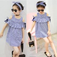 Toddler Baby Kid Girl Off Shoulder Dress Botton Up Striped Cotton Dress+Headband Cute Summer Girls Dressing Kids Clothes  by Hs2023