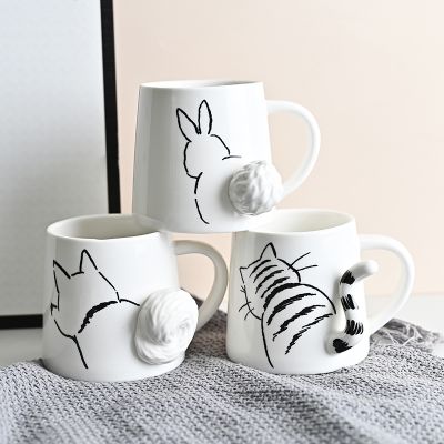 【High-end cups】สไตล์ญี่ปุ่นสร้างสรรค์ลูกแมวสามมิติบรรเทาหางแก้วเซรามิกกระต่ายถ้วยกาแฟอาหารเช้าถ้วยนมของขวัญปีใหม่