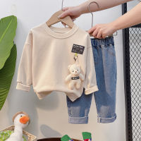 Spring 2022 new childrens sports leisure hooded set boy and girl baby black cartoon pocket bear sweater splicing set