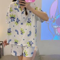 ชุดนอนแขนสั้น ผ้าโพลีเอสเตอร์ ลาย Stitch แฟชั่นฤดูร้อน สําหรับผู้หญิง