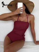 Rumeng 2022 New Solid Conservative Beach Swimsuit Wine Red Strapless Lace Up Bikini Cover Belly Hot Spring Swimwear