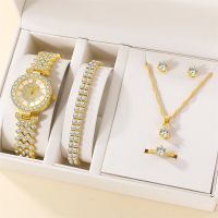 6PCS Set Women Luxury Watch Ring Necklace Earrings Rhinestone Fashion Wristwatch Female Casual Ladies Watches Bracelet Set Clock