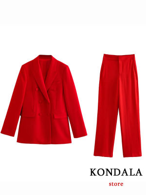 Condala VINTAGE Solid Red Fashion 2023 Spring Office Lady Womens suits Chic Casual Long Sleeve button Blazer high wasit pant.s...
