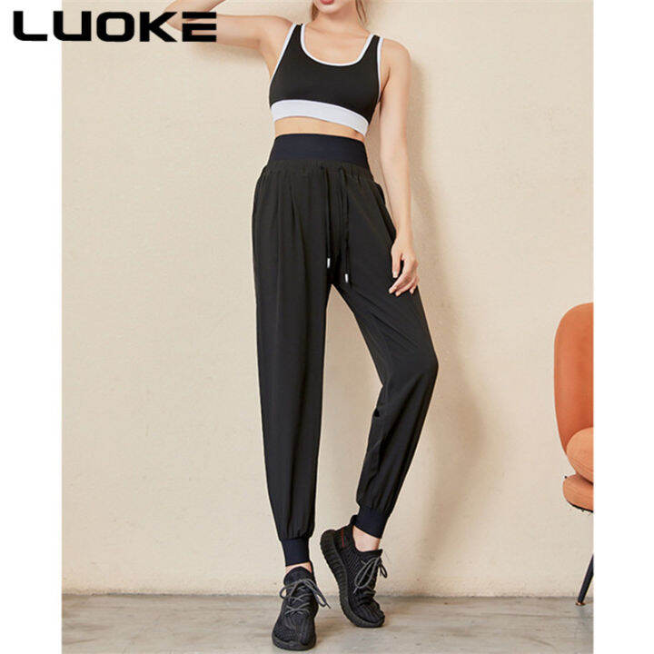 luoke-หลวมบวกไขมันขนาดใหญ่กีฬาผู้หญิงกางเกงเสื้อผ้าออกกำลังกายฤดูใบไม้ร่วงฤดูหนาวโยคะวิ่งแห้งเร็วกางเกงสีทึบ