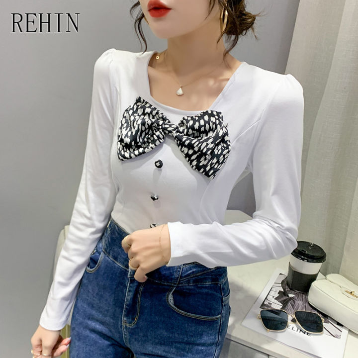 rehin-เสื้อยืดแขนสั้นทรงสลิมฟิตของผู้หญิง-เสื้อคอปกผูกโบว์เวอร์ชันเกาหลีใหม่ฤดูใบไม้ผลิและฤดูร้อน