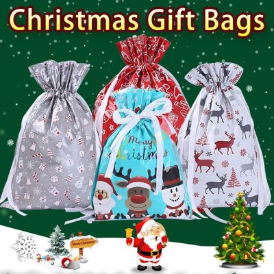 5PCS Reusable Large Christmas Candy Bags Santa Claus Snowman Cookies Storage Sacks Reusable Drawstring Wrap Present Gift Party