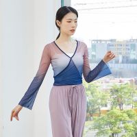 【YD】 Adult Belly Gradient Wrap Tie Back Transparent Sheer Mesh Top Shirt Costume for Dancing Clothing