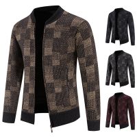 【YD】 Mens Fashion Cardigan Knit Sweater Jackets Checkered Baseball Jumpers Knitted Cold Blouse Male Clothing