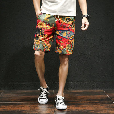 summer new Hawaiian style flower beach shorts mens cotton linen elastic waist large size casual shorts M-5XL