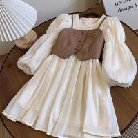 Spring Autumn Girls Dress Set Long Sleeve Childrens Retro PU Leather Vest Dress Set Teenage Girls Clothing Suit 4 6 8 12Y