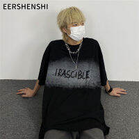 EERSHENSHI เสื้อยืดแขนสั้นสำหรับผู้ชายเสื้อยืดแขนครึ่งท่อนบนพิมพ์ลายอักษรกราฟฟิตีแนวย้อนยุคเข้มยี่ห้อน้ำขึ้นน้ำลงหลวมขนาดใหญ่