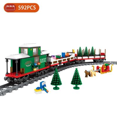 DIY MOC City Series Christmas Train Tracks Building Blocks Railroad Conveyance Model Bricks Toys Brinquedos for Children Gifts