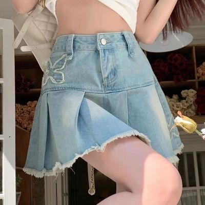 【CC】▤❈  Raw Denim Short Skirts for Embroidery Design Skirt Woman Korean Waist Jean