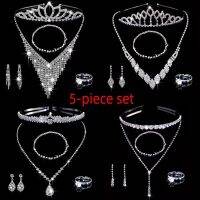 【lz】✿  Rhinestone Hair Band and Necklace Set para Senhoras Festa de Aniversário das Crianças Brincos Pulseira Anel Acessórios De Noiva 5 Peças