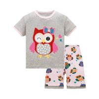 2021 Summer Girls Pajamas Sets Short Sleeve Childrens Sleepwear 100% Cotton Kids Pijama Pyjama Yellow Cartoon Nightgown