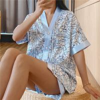 Summer Kimono Style Pajama Set For Women Loose Comfortable Short-Sleeved Shorts Pajamas Homewear Two-piece Set Sleepwear SuitTH