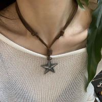 Y2K Star Pendant Punk Necklace for Women Egirl Korean Fashion Vintage Cow Leather Sweater Chain Pentagram Long Necklaces Jewelry