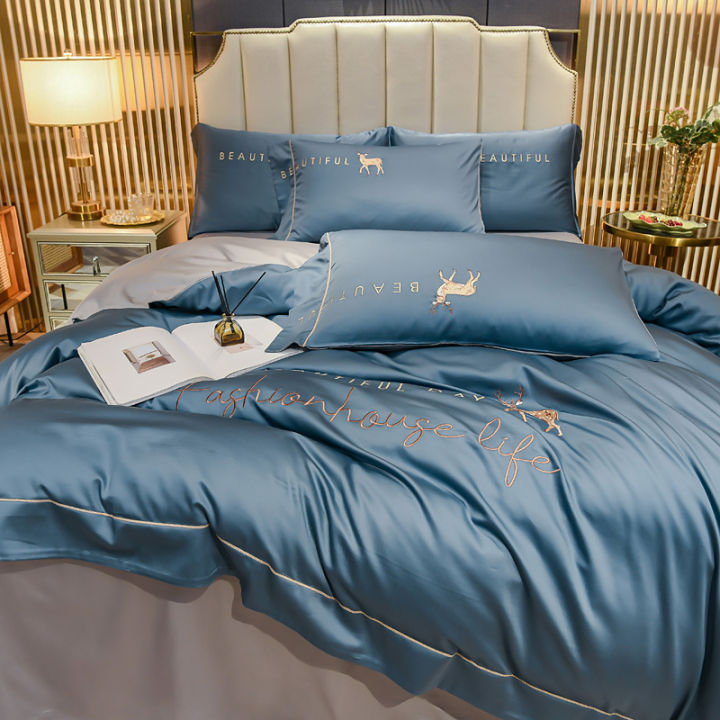 hot-ผ้าปูเตียงผ้าไหมน้ำแข็งสี่ชิ้นสำหรับฤดูร้อน-ins-ชุดผ้าปูที่นอนและผ้าห่มสำหรับหอพักชุดเครื่องนอนเปลือยสามชิ้น-4