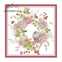 Crossdecor Cross Stitch ออกแบบใหม่สัตว์รูปแบบ Aida 14CT 11CT ผ้า Handmade ปักชุดพร้อมวัสดุสำหรับผู้เริ่มต้นตกแต่งสำหรับ Sala Wall - Little Bird Rose Garland