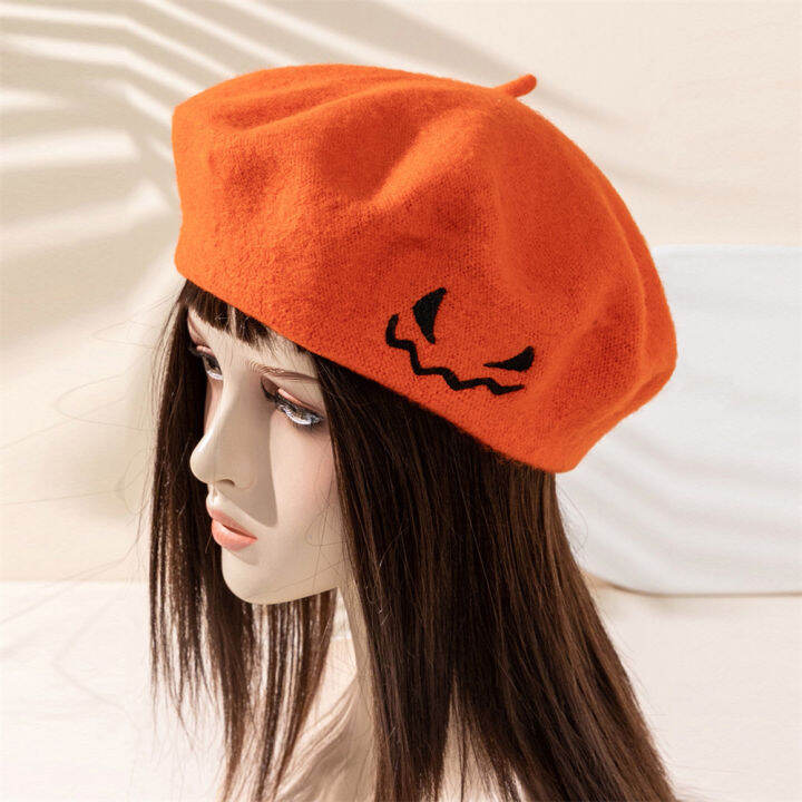 warm-felt-hat-halloween-party-gift-embroidered-ghost-face-felt-hat-womens-wool-beret-pumpkin-beret-knitted-hat