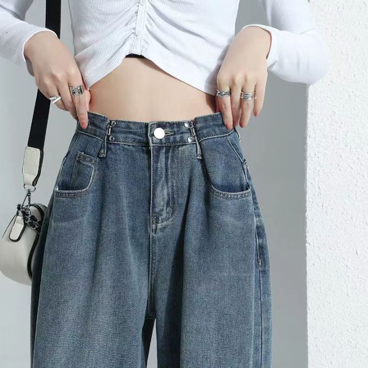 april-sunny-กางเกงยีนส์ผู้หญิง-กางเกงยีนส์ทรงหลวมสไตล์เกาหลีย้อนยุคกางเกงทรงตรงสีน้ำเงินผู้หญิงดีไซน์เอวปรับได้