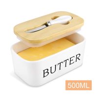 Nordic Butter Sealing Box Ceramic Butter Plate White with Wood Lid and Knife Cheese Storage Tray Butter Dish Container Box