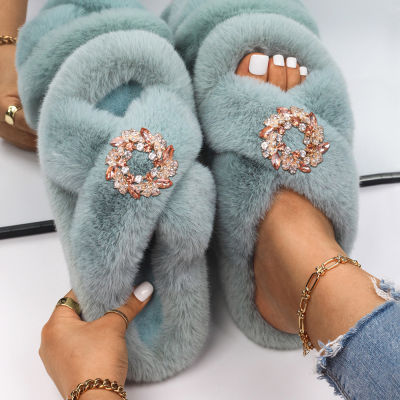 Sandals Slippers Solid Color Luxury Designer Rhinestone Wreath Furry Slides Ladies Faux Fur Flip Flops Fluffy Slippers Shoes