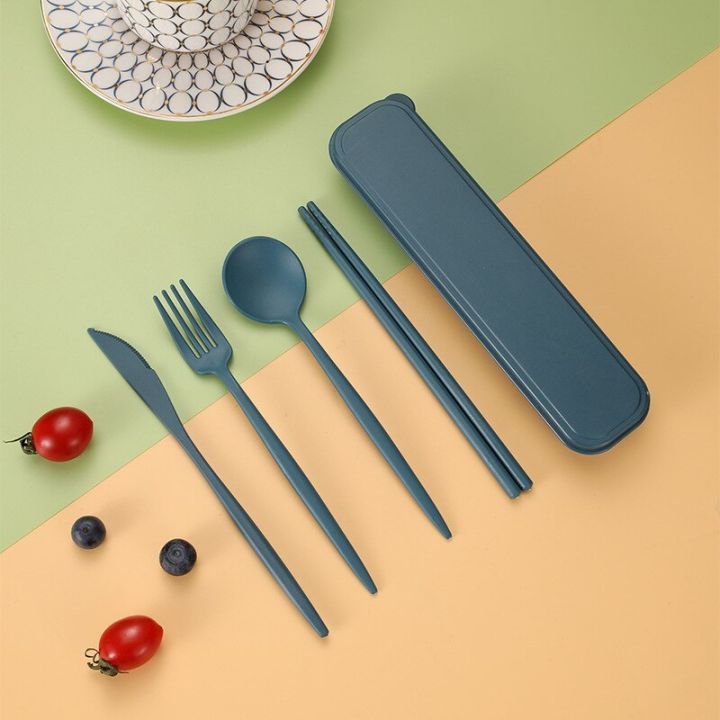 spoon-fork-chopsticks-cutlery-4pcs-set-wheat-straw-tableware-box-dinnerware-children-adult-travel-portable-kitchen-accessories-flatware-sets