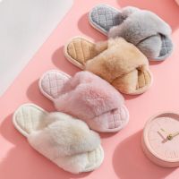 Womens Cross Band White Fur Slippers Winter Warm Plush Soft House Slippers for Women Indoor Open Toe Fluffy Home Shoes Woman