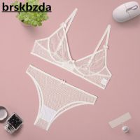 【LZ】◙┋  Brskbzda-Conjunto de roupas íntimas sem costura para mulheres lingerie sexy branco sólido íntimo ver através de roupas 2 peças