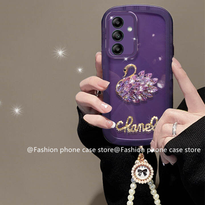 เคสโทรศัพท์-phone-case-เคส-samsung-galaxy-a54-a34-a24-a14-lte-4g-5g-หรูหราหรูหราพลอยเทียมหงส์สายคล้องไข่มุกปลอกเลนส์ซองนุ่มใสสีทึบ2023