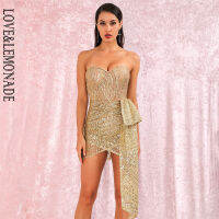 LOVE&amp;LEMONADE Sexy Gold Tube Top Double Streamers Cross Glitter Glued Material Bodycon Party Mini Dress LM82017-1