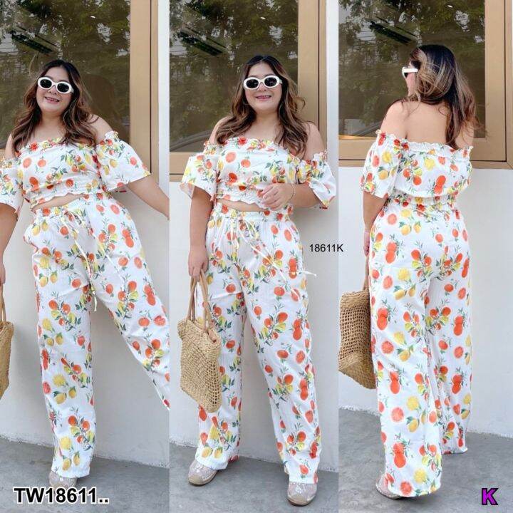 tw18611-set-bigsize-2-ชิ้น-เซตครอปเสื้อทรงปาดไหล่-กางเกงขายาว