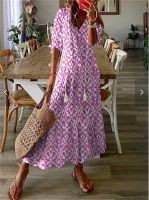 Elegant Print Suspended Whiskers Decoration Dresses Womens Half Sleeve V Neck Pullover Loose Dressy Ladies Casual Commuter Gown