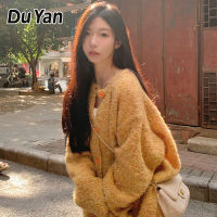 DU YAN เสื้อสเวตเตอร์ผู้หญิงแขนยาวสีทึบวินเทจเสื้อคาร์ดิแกนแบบถักคอกลมไหมพรมวงกลมสีส้ม