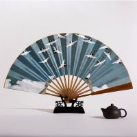 Auspicious Crane Thin Gold Rice Paper Gift Hand Fan Portable Folding Fan Summer Chinese Crane Japanese Decor Ventaglio A Mano