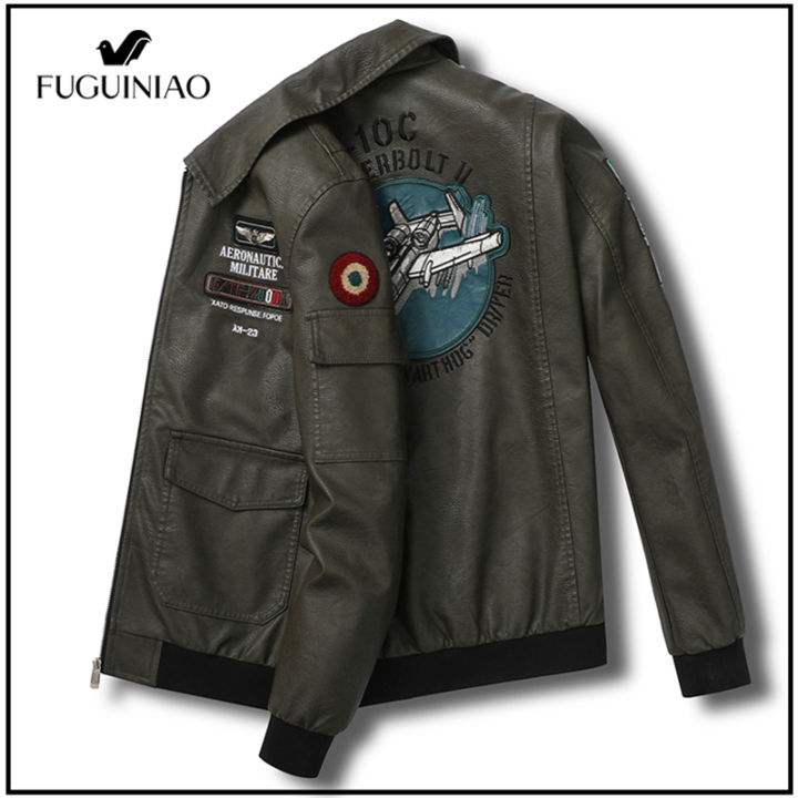 fuguiniao-ชายเสื้อโค้ทหนังพียูเสื้อแจ็คเก็ตรถจักรยานยนต์สไตล์ลำลองชายเสื้อแจ็คเก็ตมีปกสำหรับชายสีดำ-overcoat