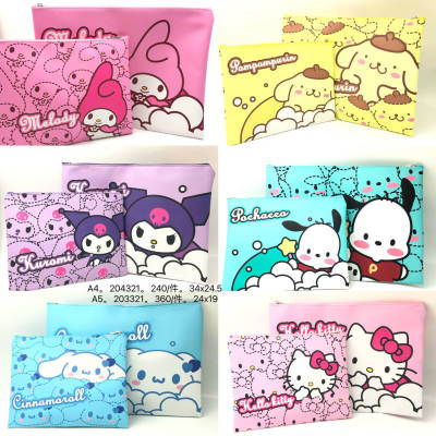 Sanrio Hellokitty Mymelody Kuromi Cinnamoroll แฟ้มนักเรียนถุงมีซิป A4A5กันน้ำความจุสูงที่เก็บกระดาษทดสอบ