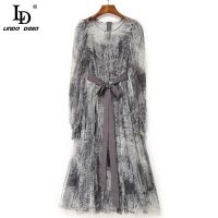 LD LINDA DELLA New 2021 Women 39;s Summer Runway Vintage Party Dress Long Lantern sleeve Belt Gray Printed Mesh Midi Dress Vestidos