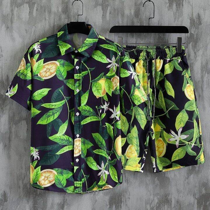 ชุดสูทฤดูร้อนของผู้ชาย-pdd8-14วันหยุดฮาวายเสื้อเชิ๊ตลายดอกไม้หลวมดอกไม้ห้าจุดกางเกงชายหาดคู่รักชุดลำลองของผู้ชาย