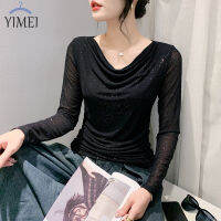 YIMEI เสื้อผู้หญิงผ้าตาข่ายคอกลมใหม่2023ฤดูใบไม้ร่วงเสื้อยืดแขนยาวคอชุดเป็นประกายสีเงินเซ็กซี่เข้ารูปพอดีสำหรับผู้หญิง